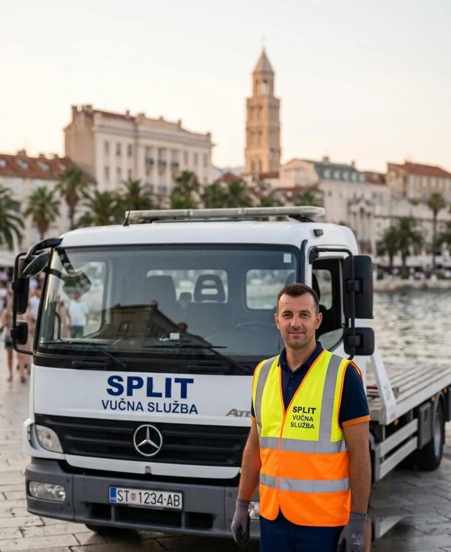 Vozač vučne službe u reflektirajućem prsluku pred vučnim vozilom na splitskoj Rivi