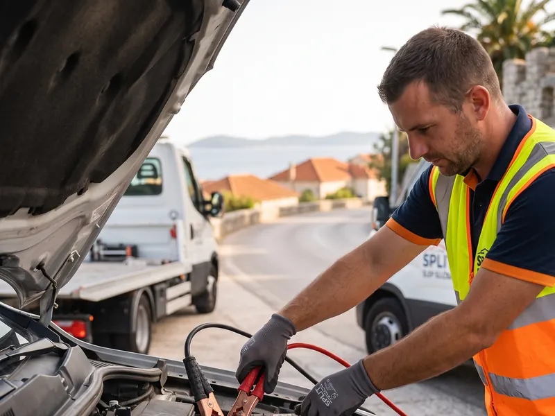 Serviser priključuje kablove za start na akumulator automobila s otvorenim poklopcem motora