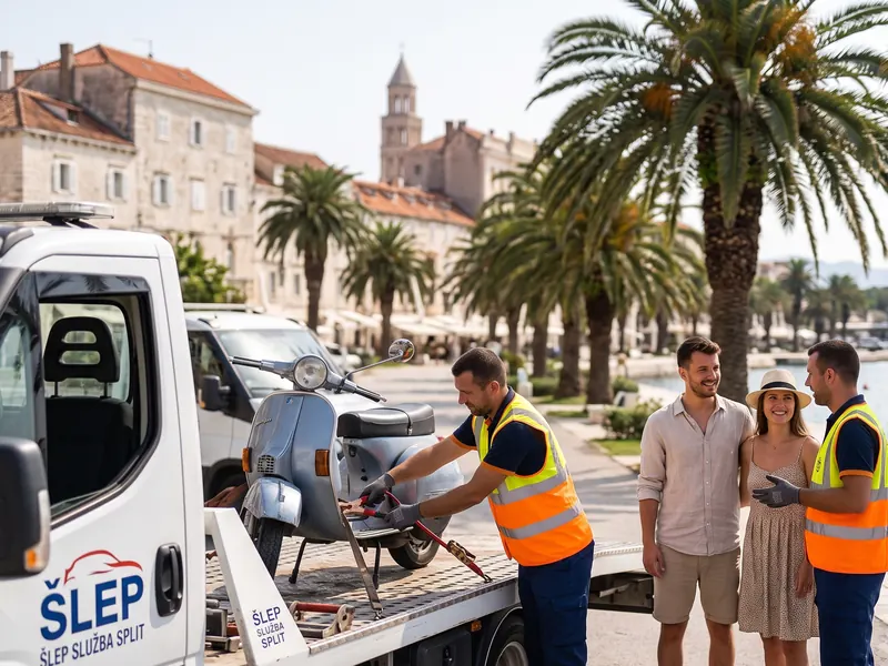 Dva radnika utovaruju skuter na platformu vučnog vozila uz palme na splitskoj Rivi