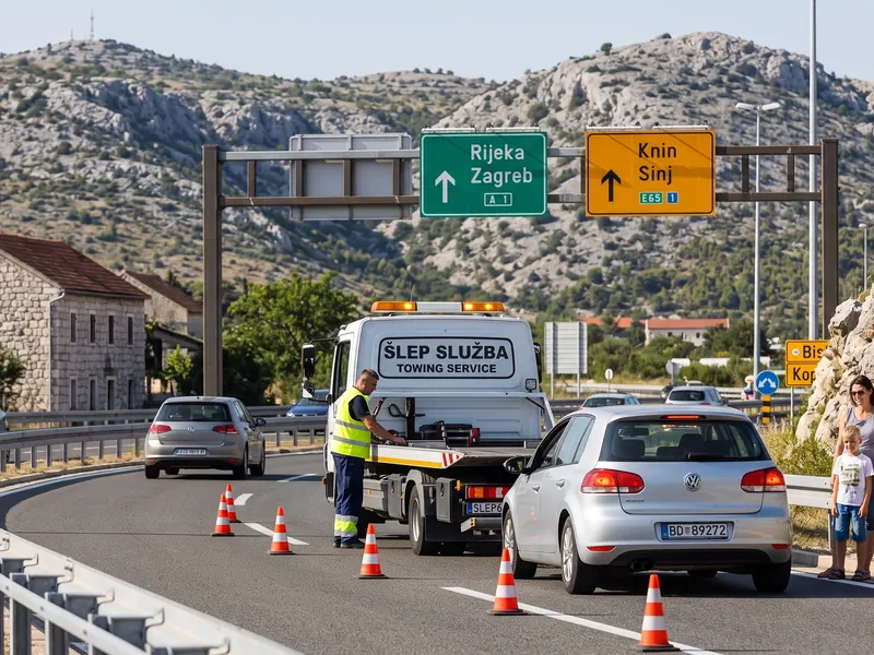 Vučna služba s postavljenim čunjevima uz vozilo na državnoj cesti kod Splita, putokazi za Rijeku i Sinj