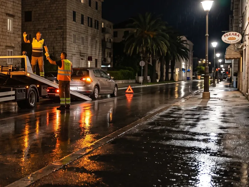 Radnici vučne službe navode automobil na rampu u uskoj ulici splitskog starog grada po noći